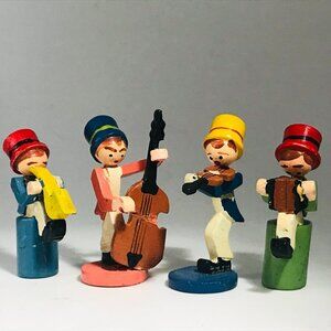 4 Vintage Erzgebirge Wooden Musicians Figurines Japan Violin Trumpet Bass Lot